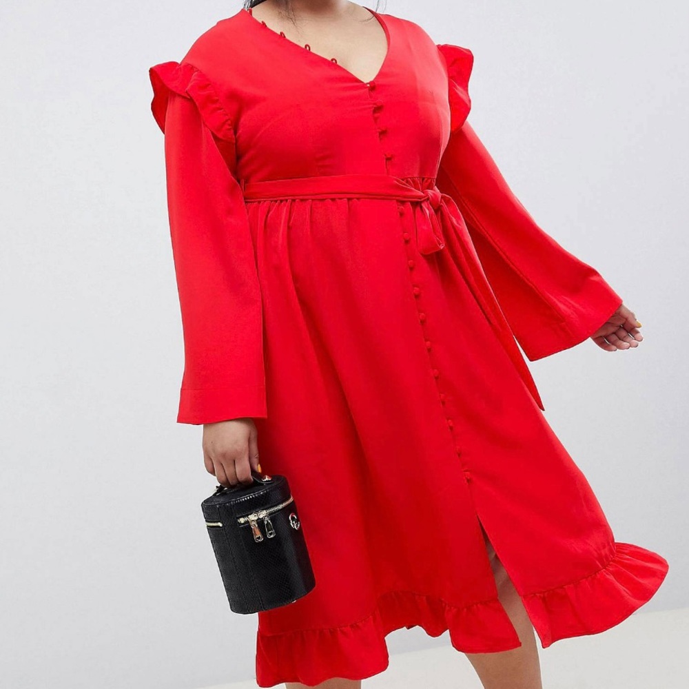Lost Ink Midi Tea Dress with Frill Sleeve and tie waist